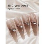 Nude‑Brown Gradient Medium‑Long Coffin Press‑On Nails, Elegant False Nails With Thin Black Lines & Rhinestones
